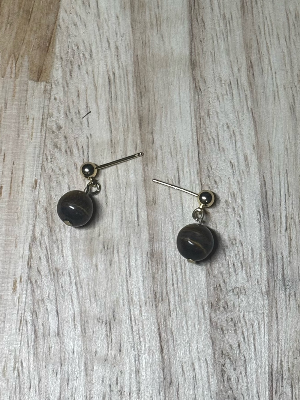 Silver Stud Earrings with Brown Tiger Eye Beads